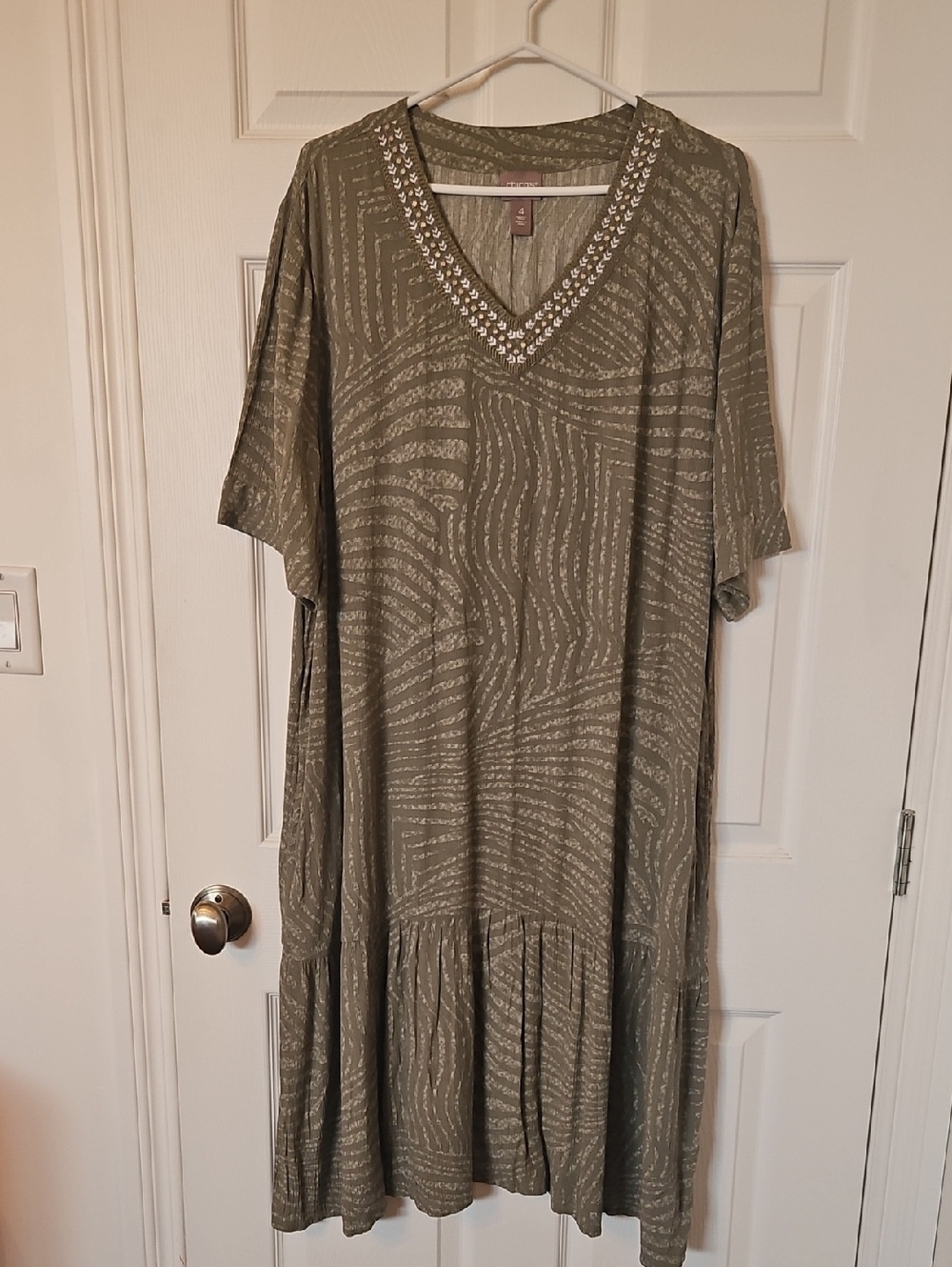 Women’s Olive Patterned V-Neck Tunic Dress with Embellished Trim